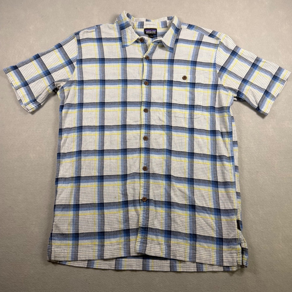 Patagonia Mens Large Blue Yellow Plaid Organic Cotton Short Sleeve Button Shirt